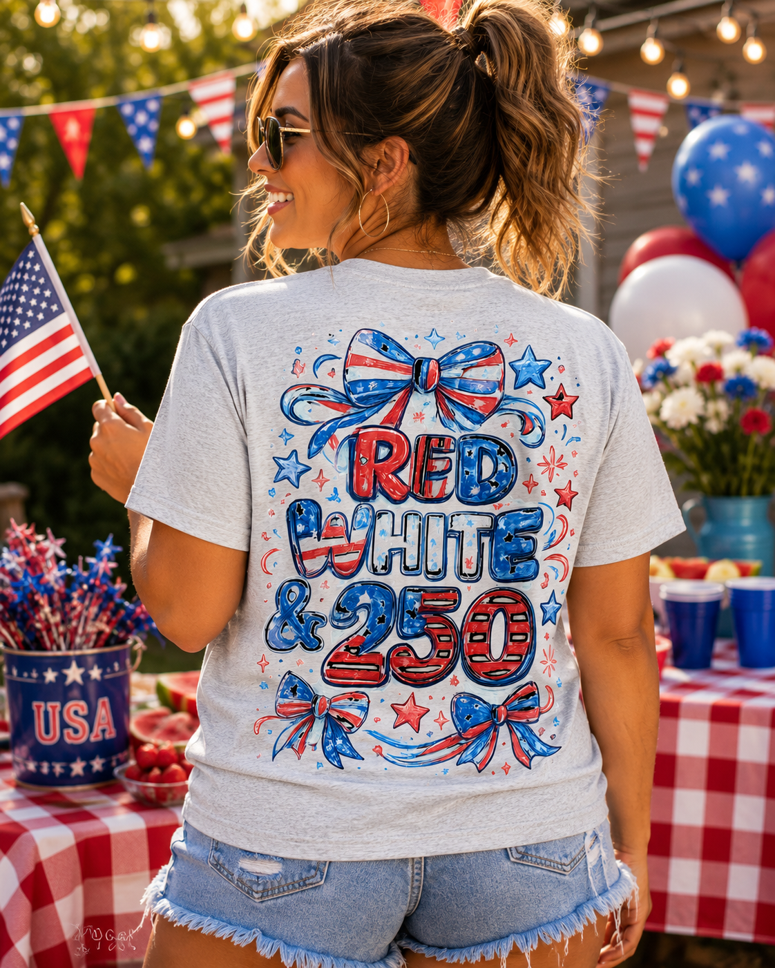 Patriotic Bow T‑Shirt – American Flag Ribbon Chest Tee – Cute Red White & Blue Summer Top