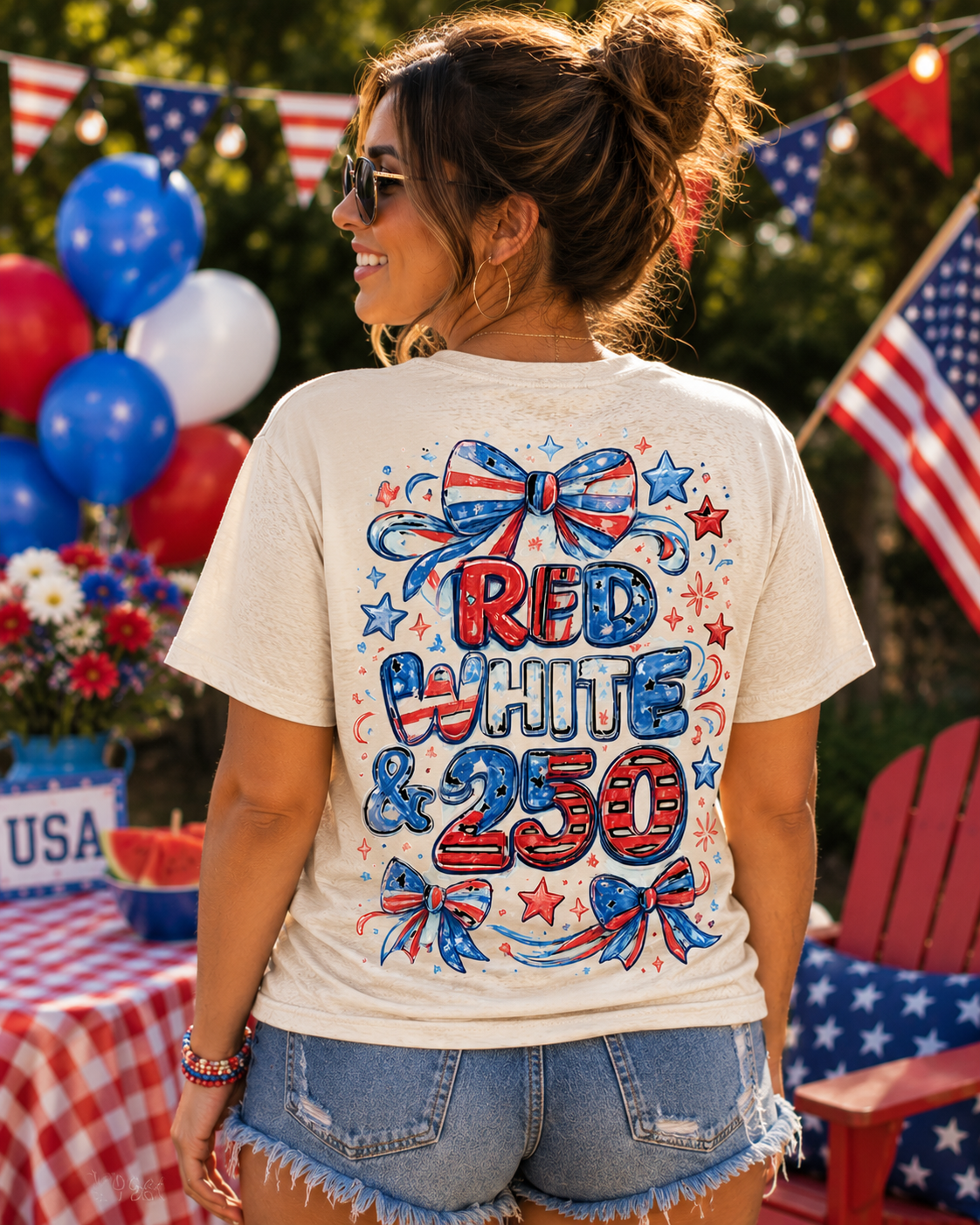 Patriotic Bow T‑Shirt – American Flag Ribbon Chest Tee – Cute Red White & Blue Summer Top