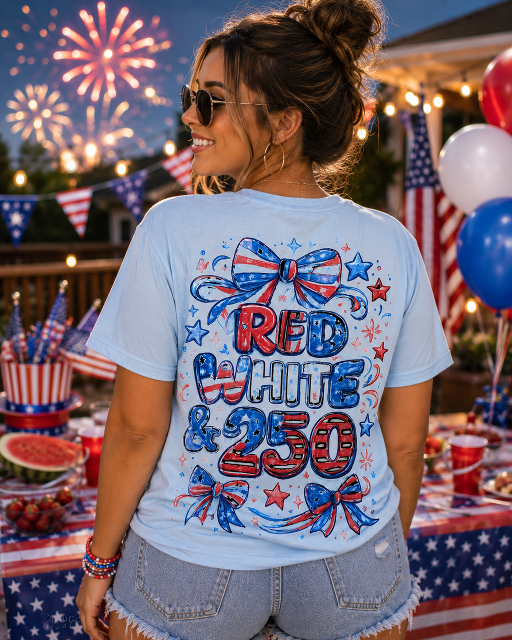 Patriotic Bow T‑Shirt – American Flag Ribbon Chest Tee – Cute Red White & Blue Summer Top