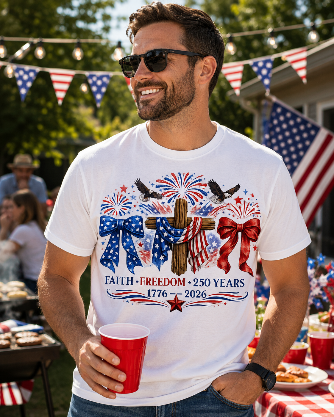 Patriotic 250th Anniversary T‑Shirt – Faith • Freedom • 1776–2026 – American Flag Bows & Fireworks Tee