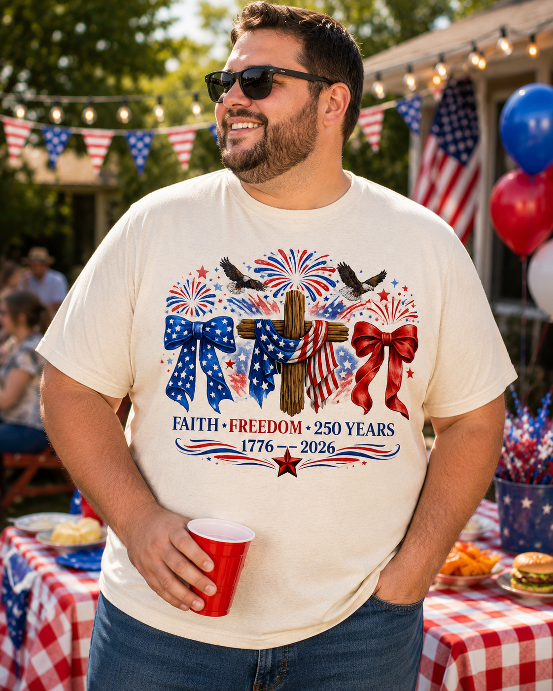 Patriotic 250th Anniversary T‑Shirt – Faith • Freedom • 1776–2026 – American Flag Bows & Fireworks Tee