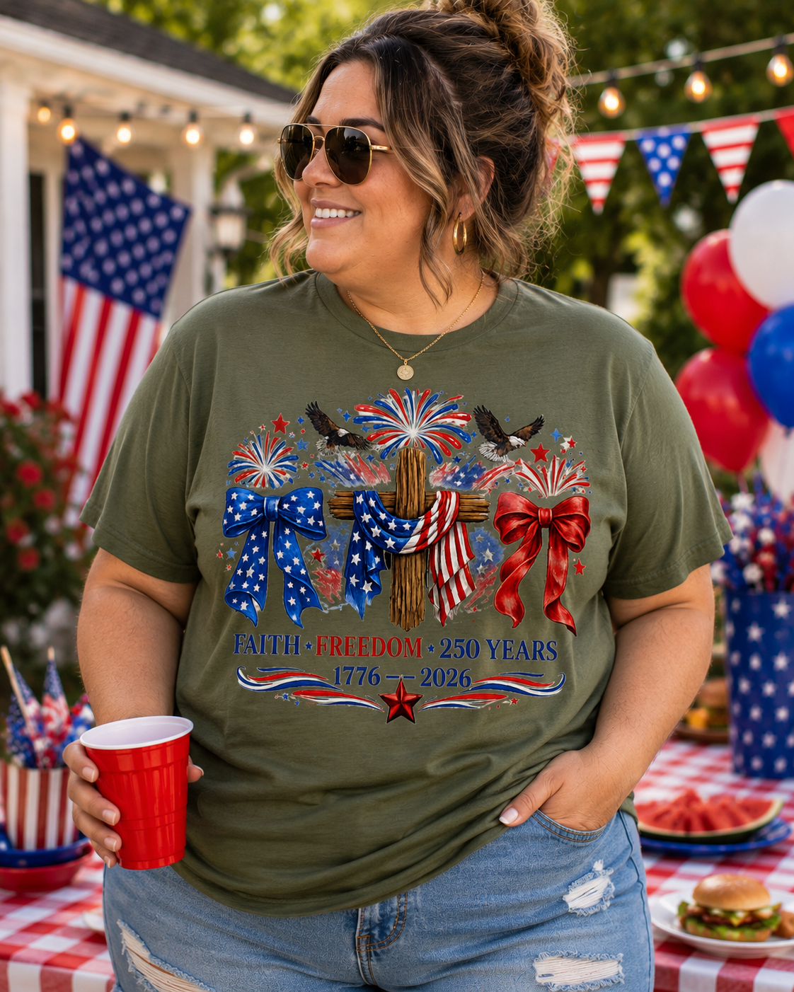 Patriotic 250th Anniversary T‑Shirt – Faith • Freedom • 1776–2026 – American Flag Bows & Fireworks Tee