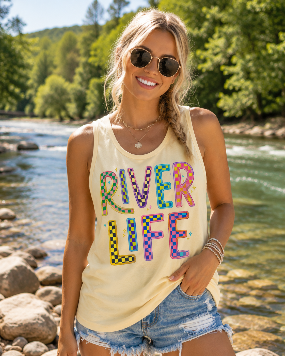 River Life Tank Top – Retro Colorful Outdoor Graphic – Comfort Colors® Style Summer Tank