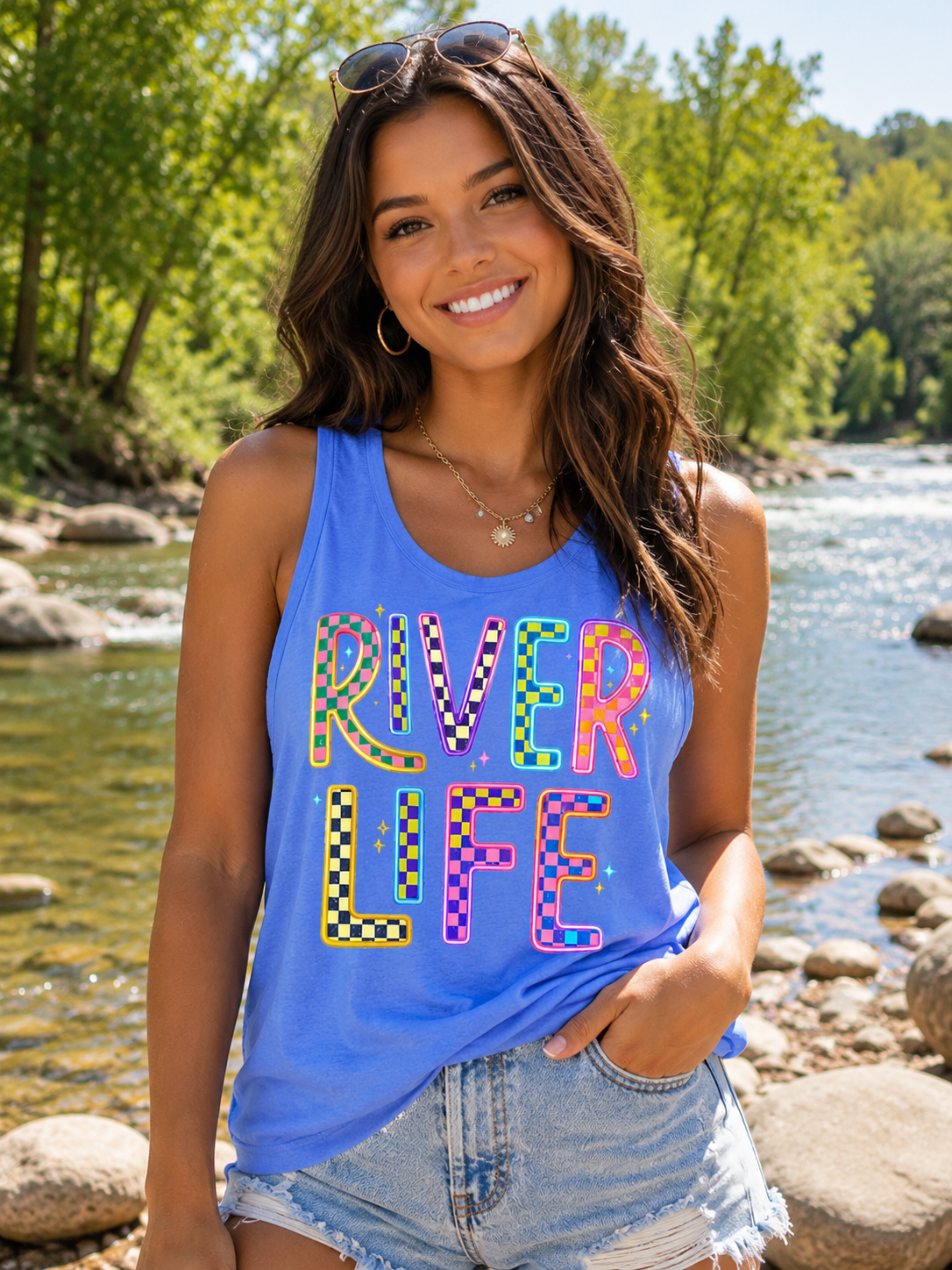 River Life Tank Top – Retro Colorful Outdoor Graphic – Comfort Colors® Style Summer Tank