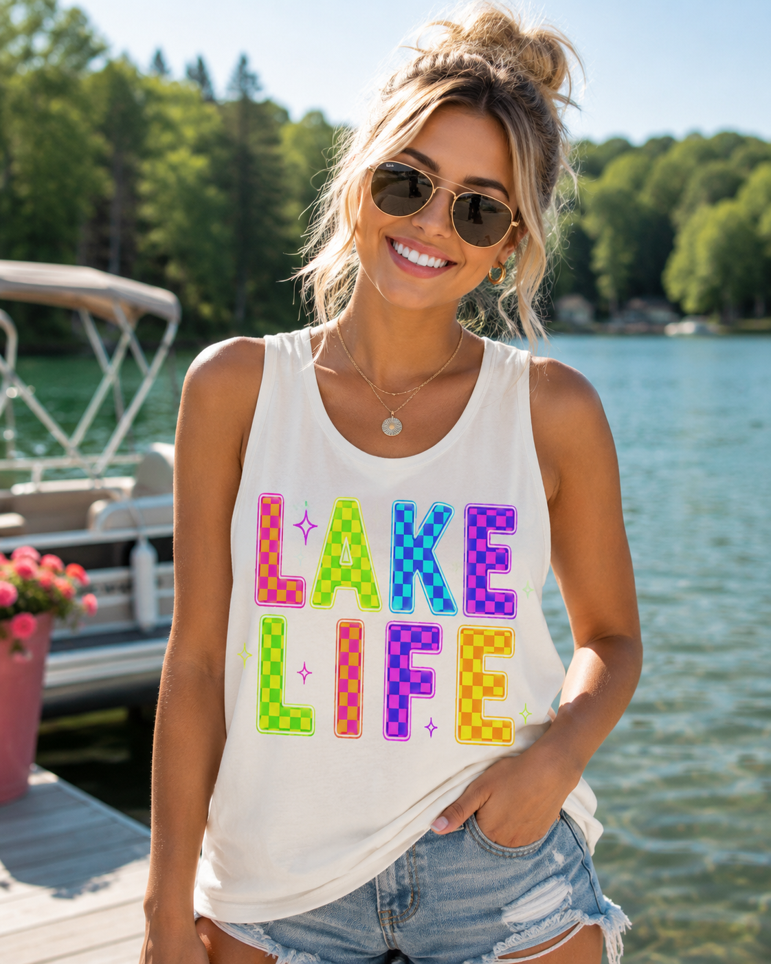Lake Life Tank Top – Colorful Retro Checkerboard Summer Shirt