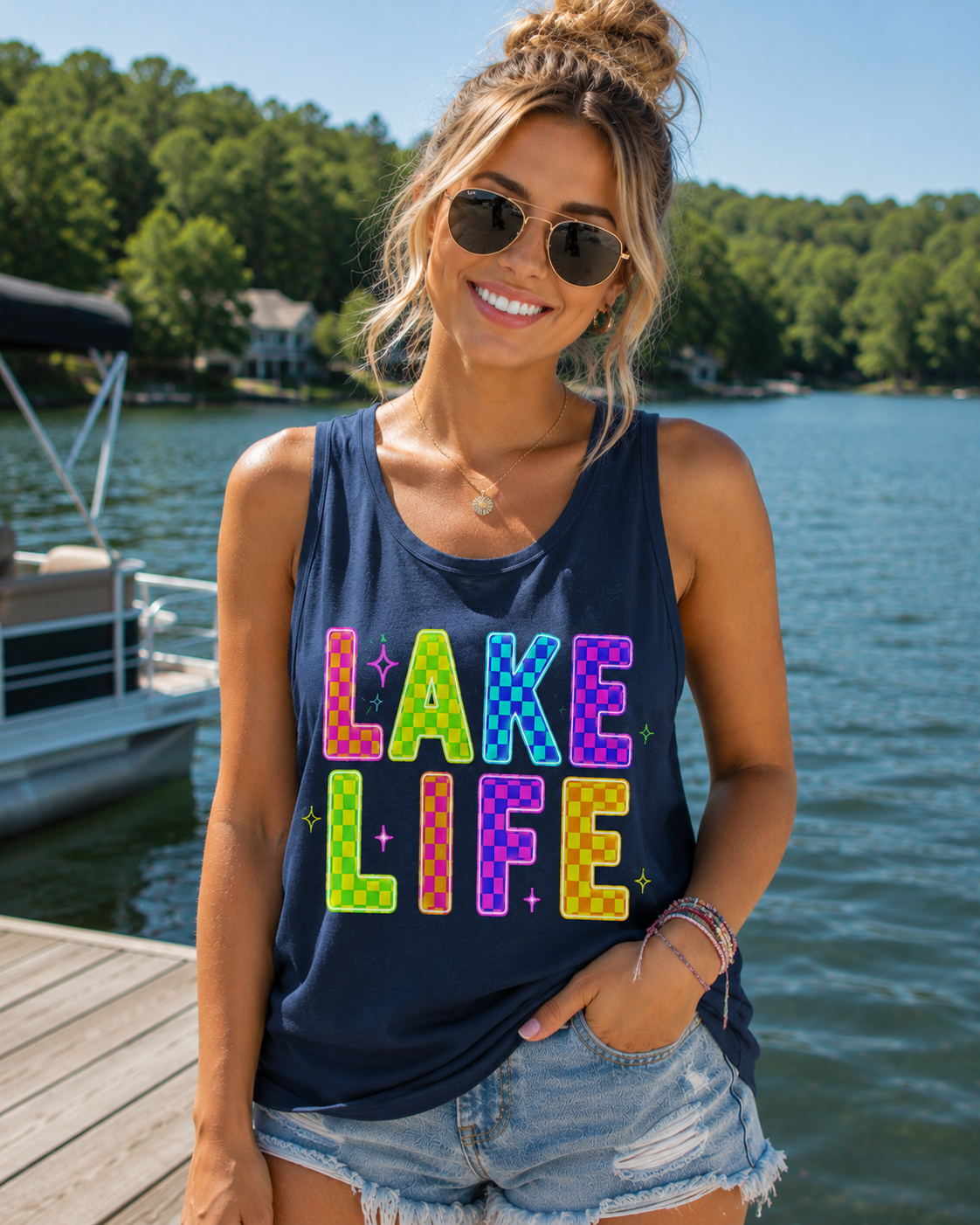 Lake Life Tank Top – Colorful Retro Checkerboard Summer Shirt