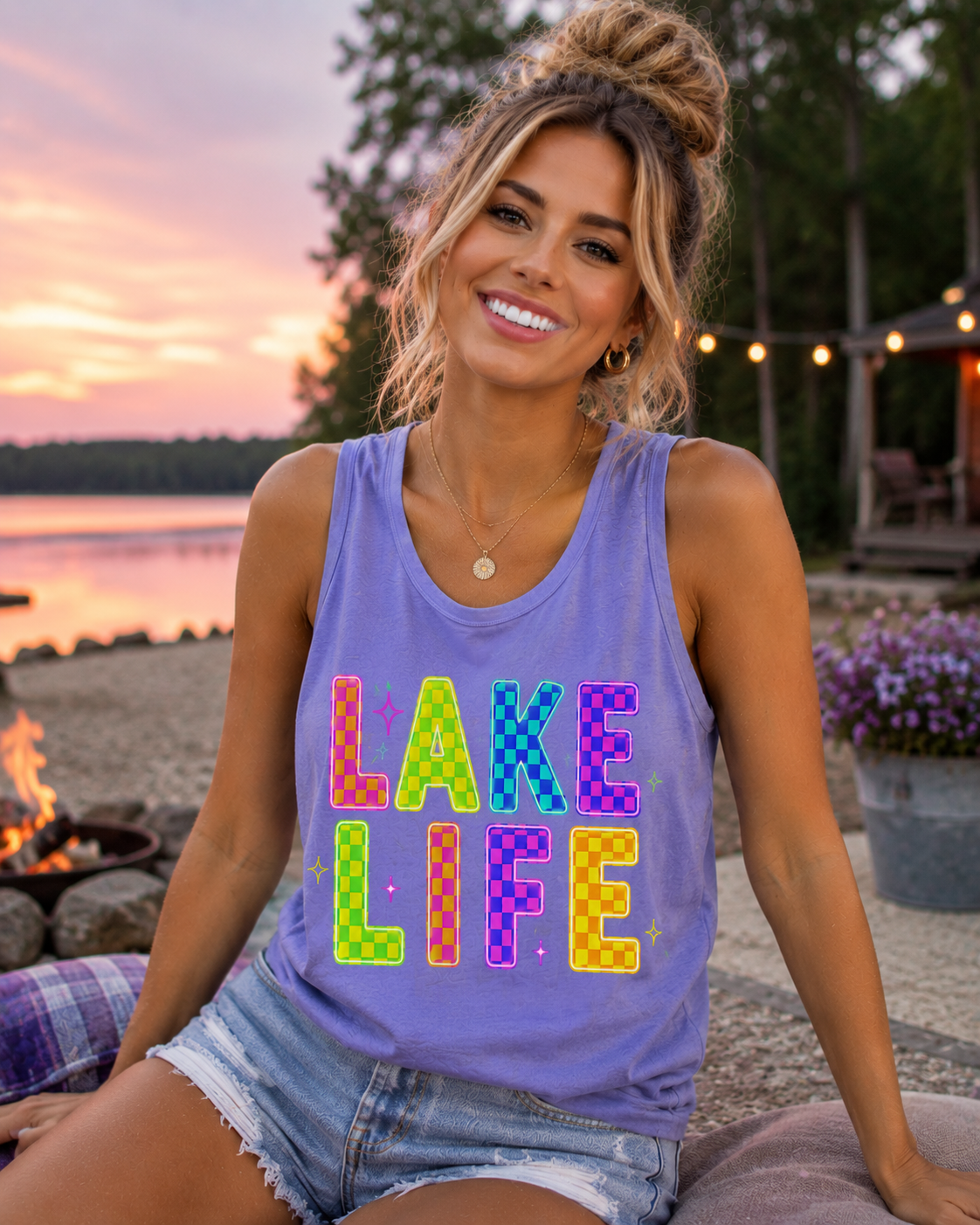 Lake Life Tank Top – Colorful Retro Checkerboard Summer Shirt
