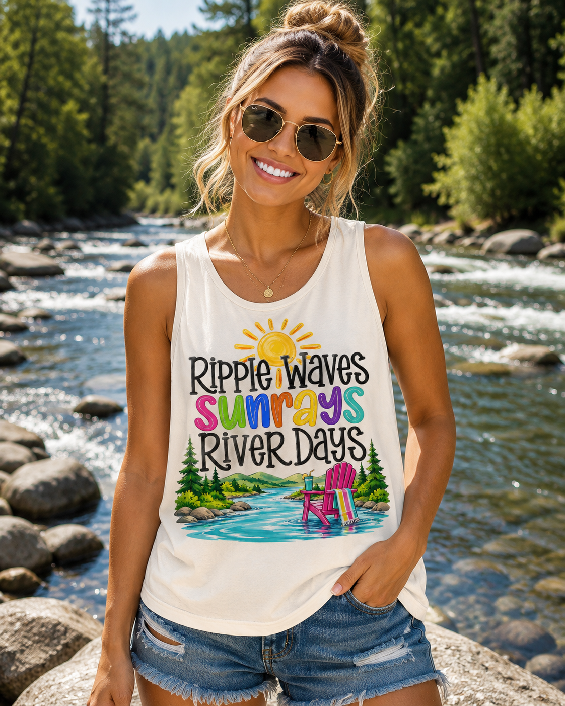 Ripple Waves Sunrays River Days Tank Top – Colorful Summer River Graphic – Comfort Colors® 9360
