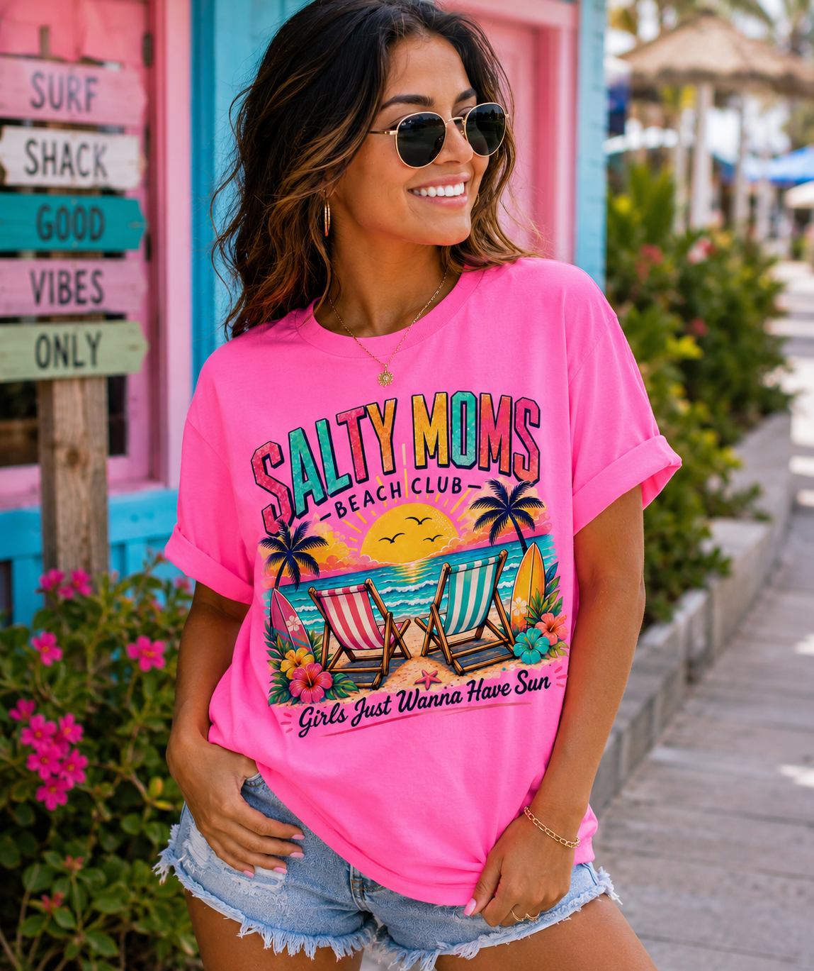 Salty Moms Beach Club T‑Shirt – Girls Just Wanna Have Sun – Tropical Summer Comfort Colors® Tee