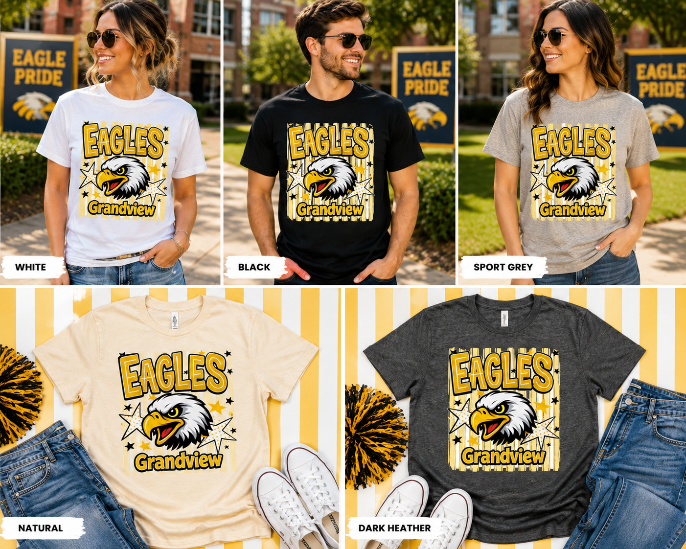 Adut Striped Eagles Grandview T-Shirt — Yellow Mascot School Spirit Tee