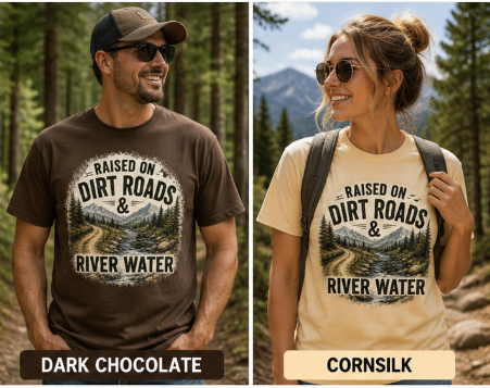 Adult Raised on Dirt Roads & River Water T-Shirt — Vintage Mountain Outdoors Tee