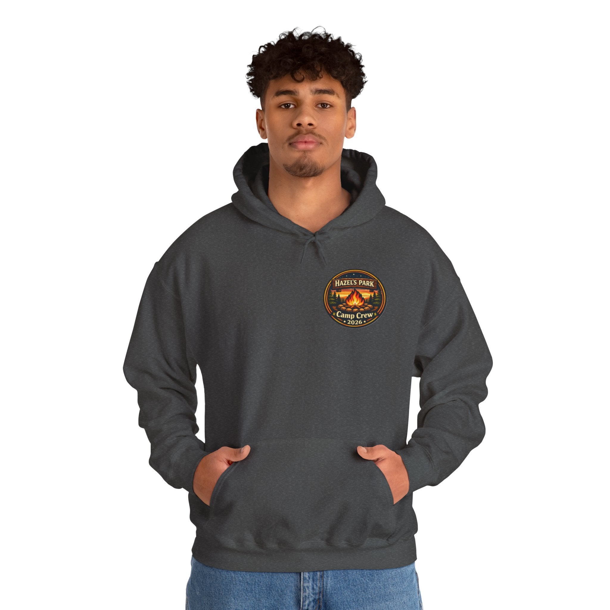 Hazels Park Camp Crew Hoodie — Retro Camping Patch Sweatshirt