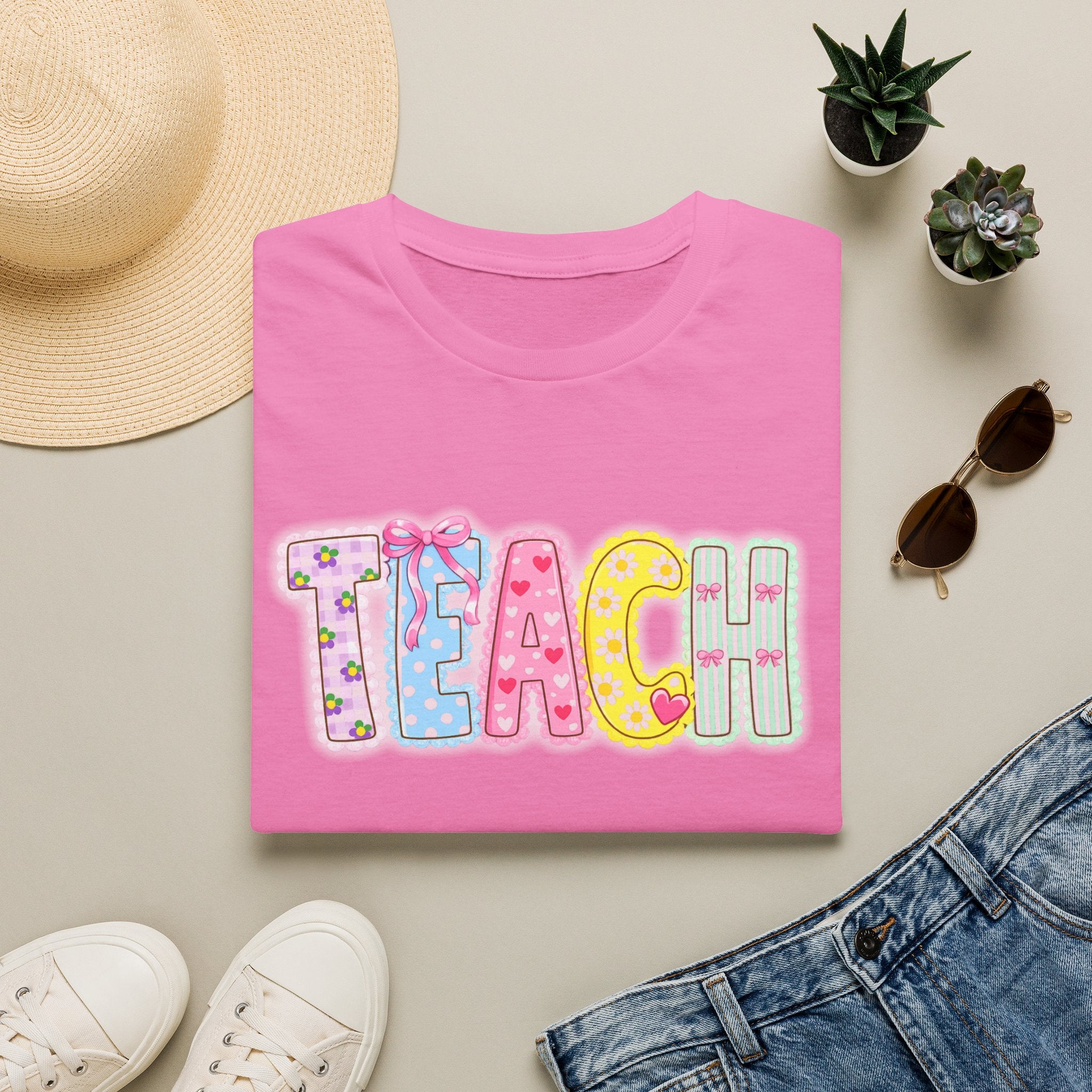 Teacher Pastel Patchwork T-Shirt — 'TEACH' Cute School Staff Gift