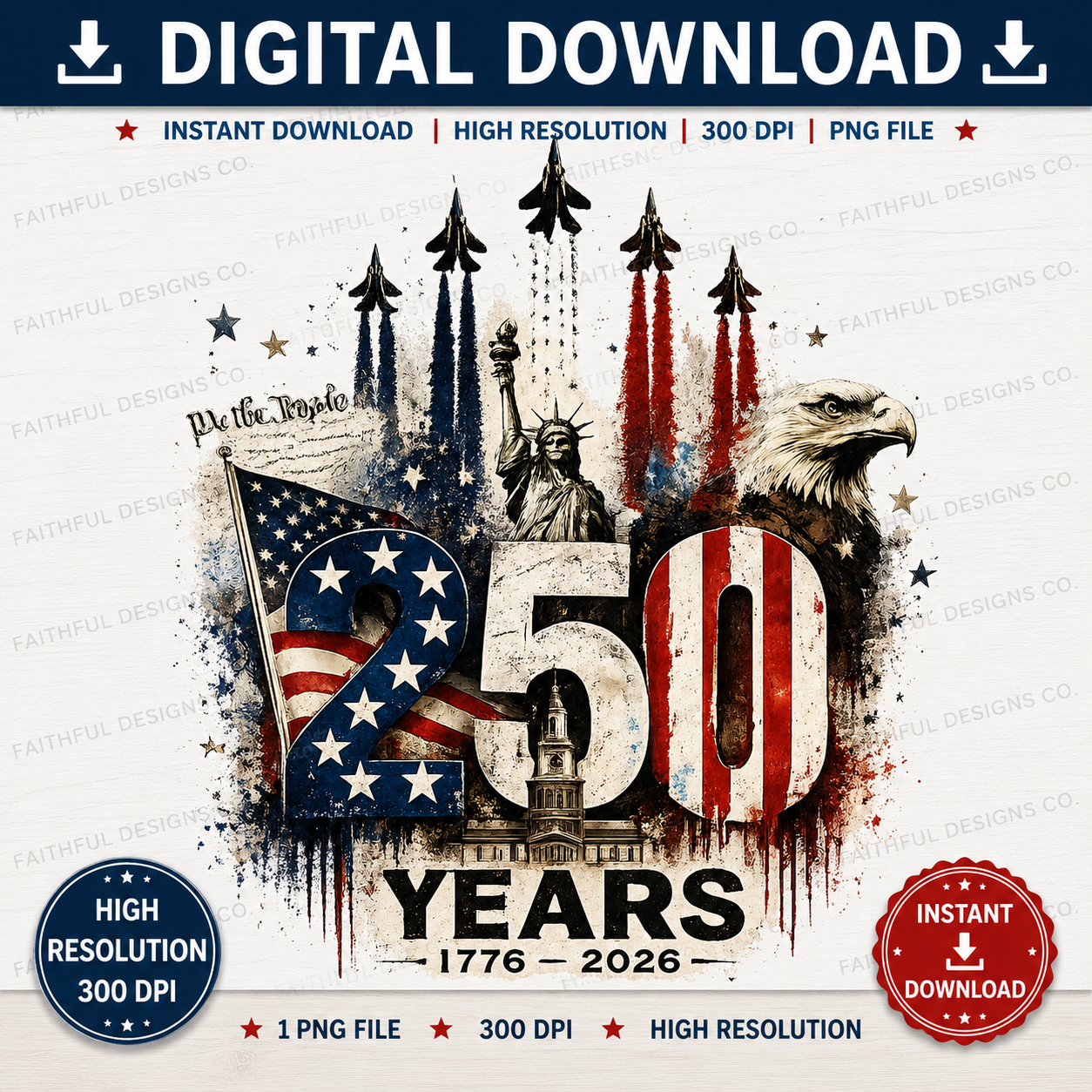 250 Years of Freedom Patriotic Design (1776–2026) – USA Anniversary PNG for Sublimation
