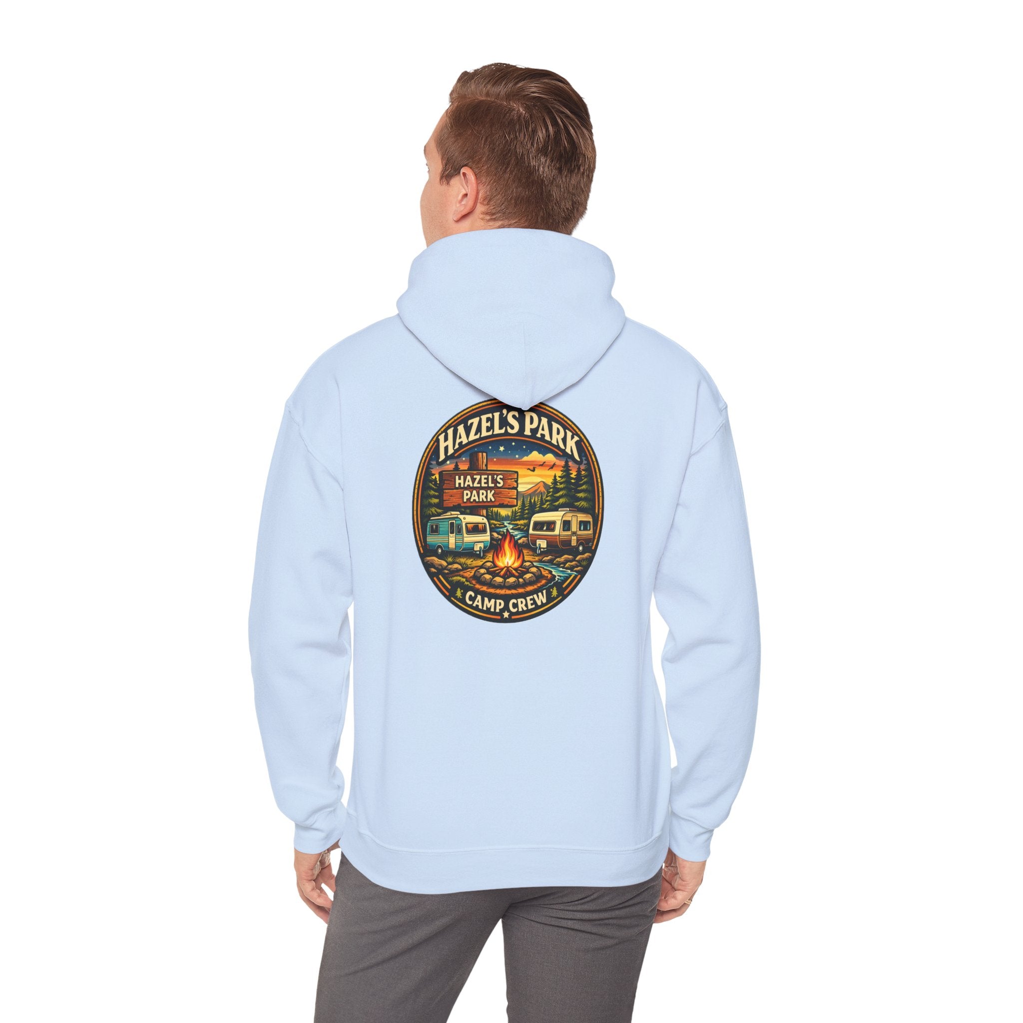 Hazels Park Camp Crew Hoodie — Retro Camping Patch Sweatshirt