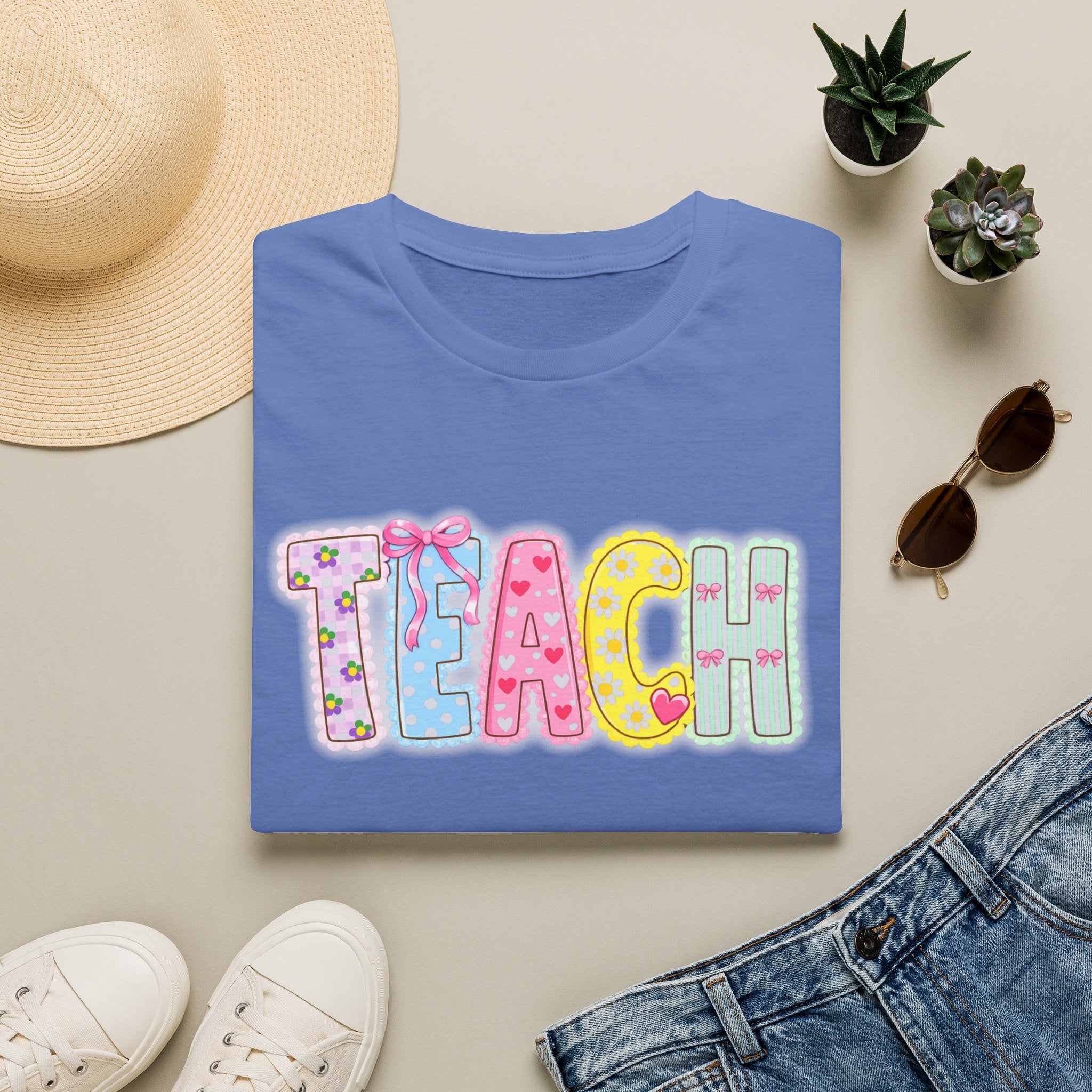 Teacher Pastel Patchwork T-Shirt — 'TEACH' Cute School Staff Gift