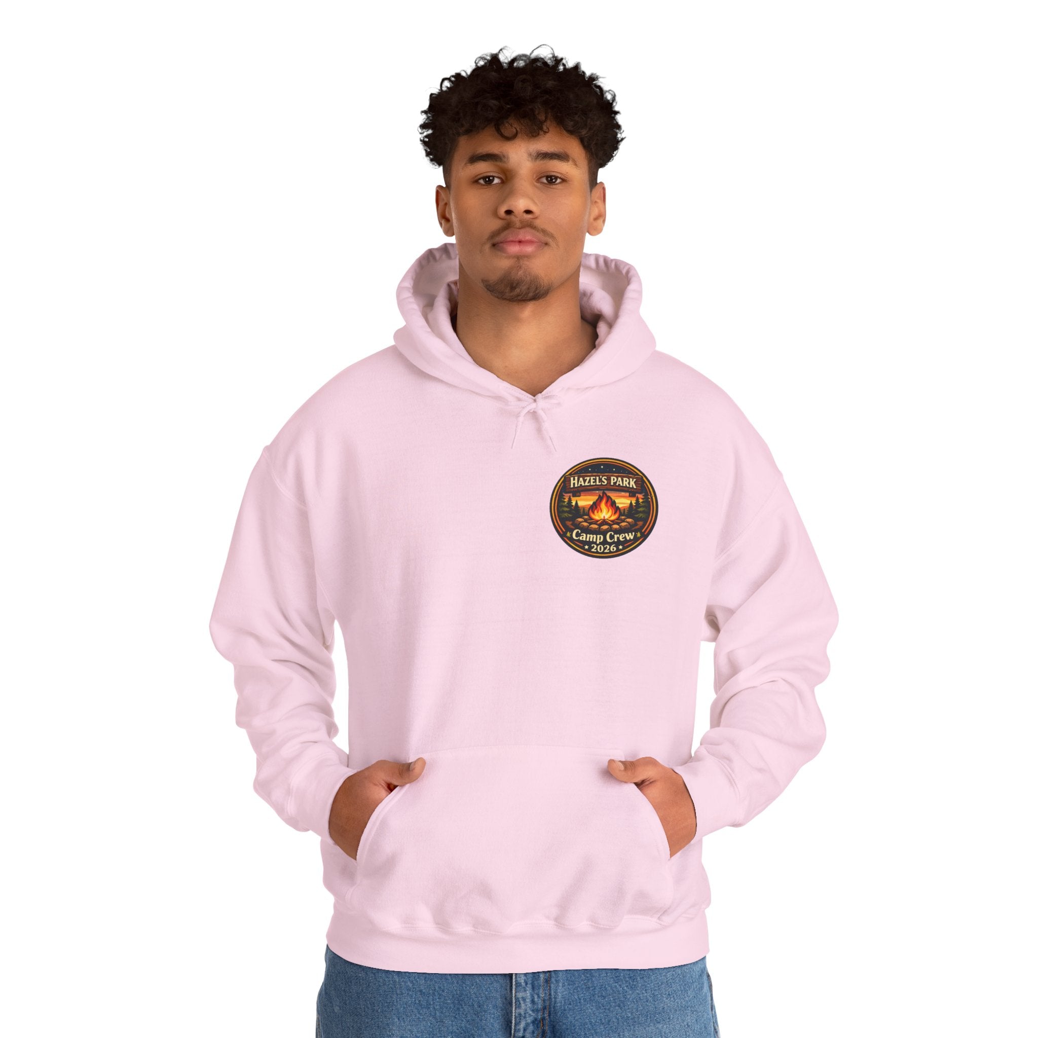 Hazels Park Camp Crew Hoodie — Retro Camping Patch Sweatshirt