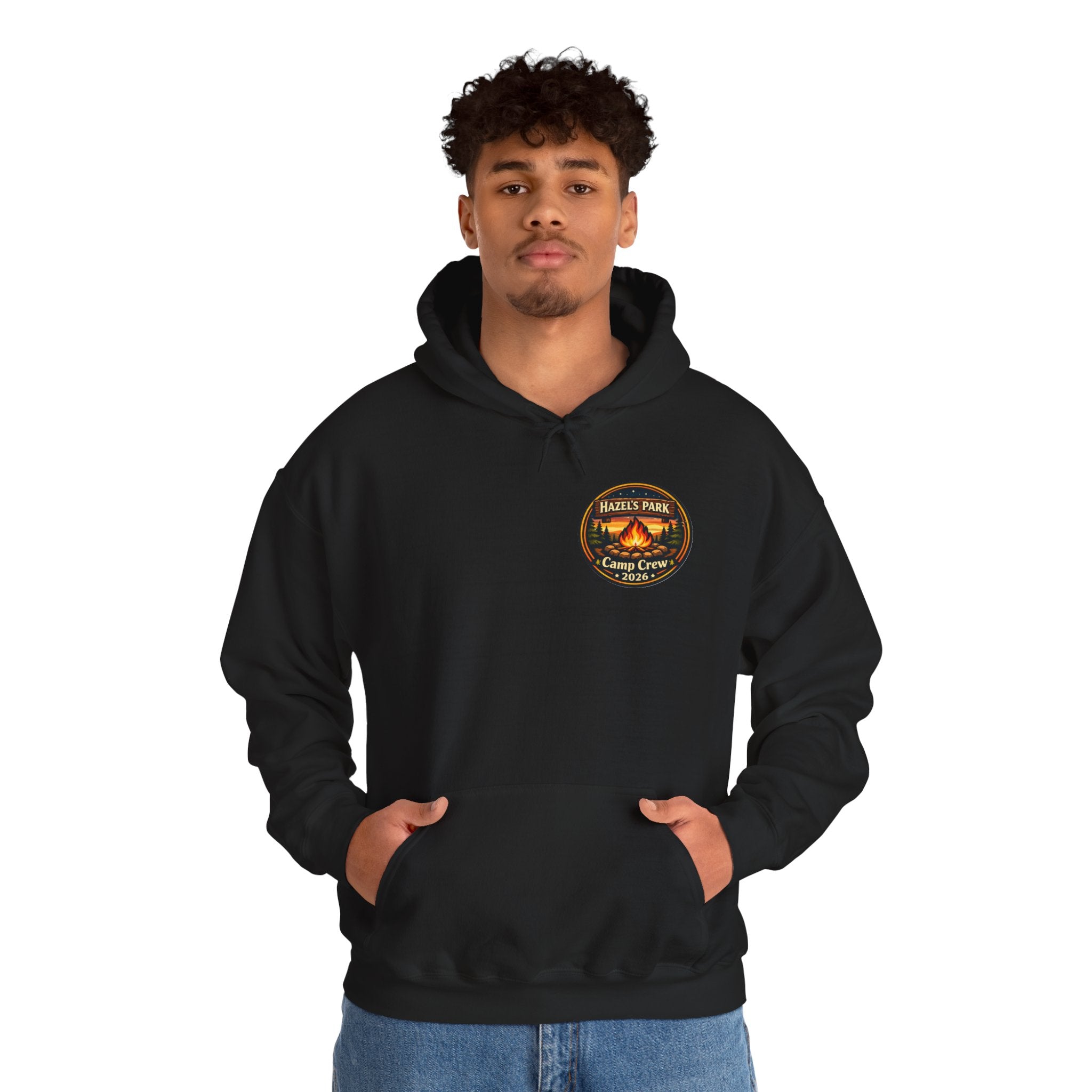 Hazels Park Camp Crew Hoodie — Retro Camping Patch Sweatshirt