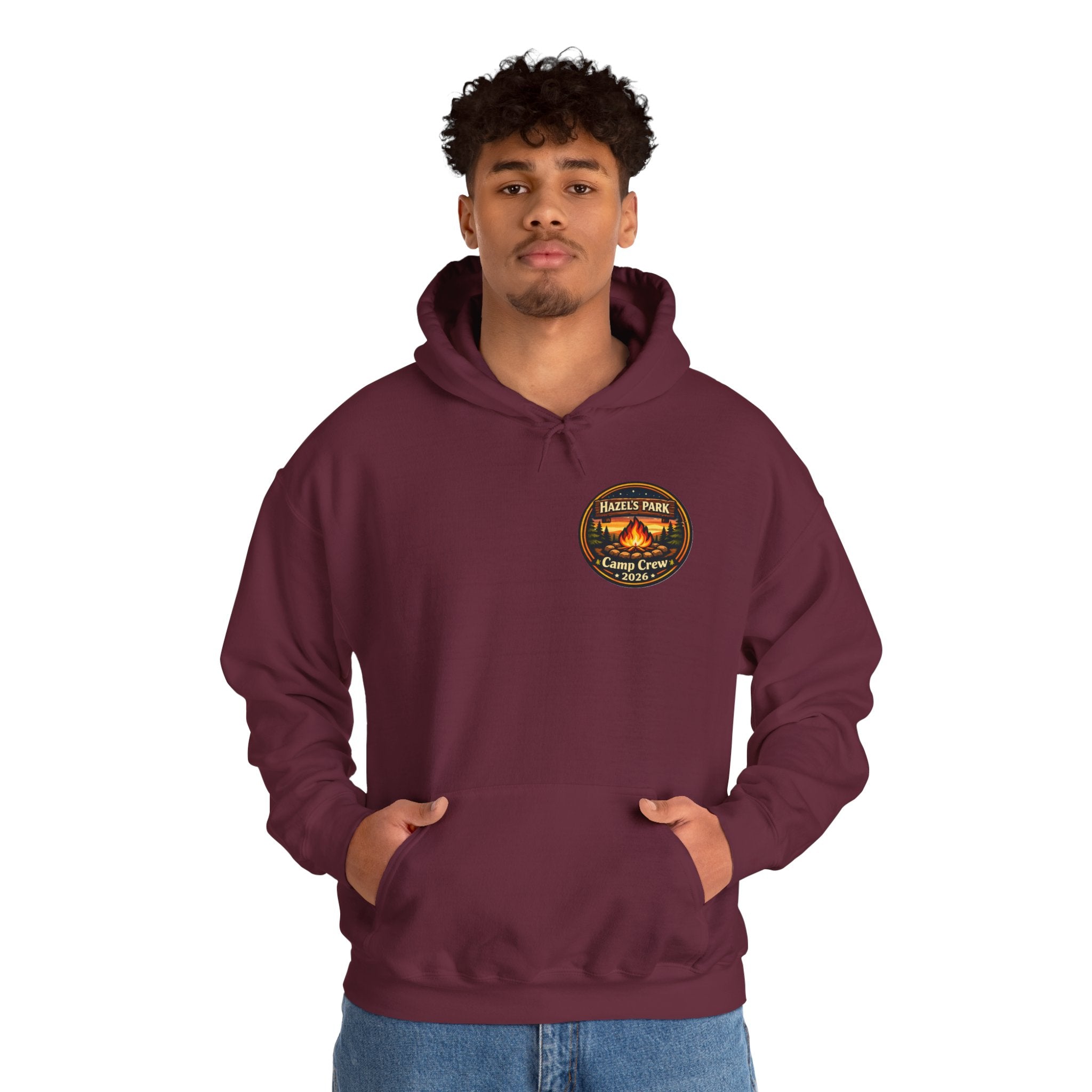 Hazels Park Camp Crew Hoodie — Retro Camping Patch Sweatshirt