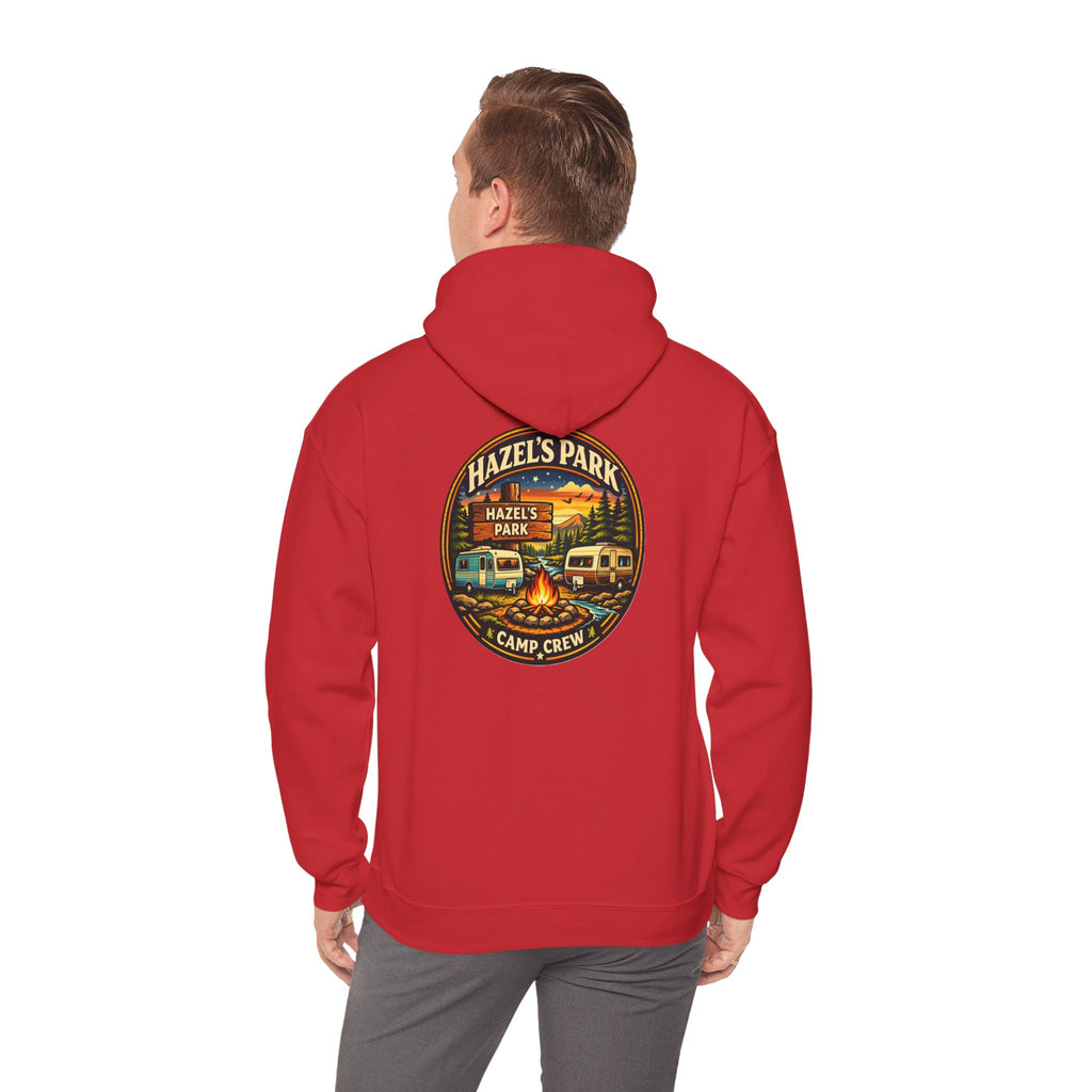 Hazels Park Camp Crew Hoodie — Retro Camping Patch Sweatshirt