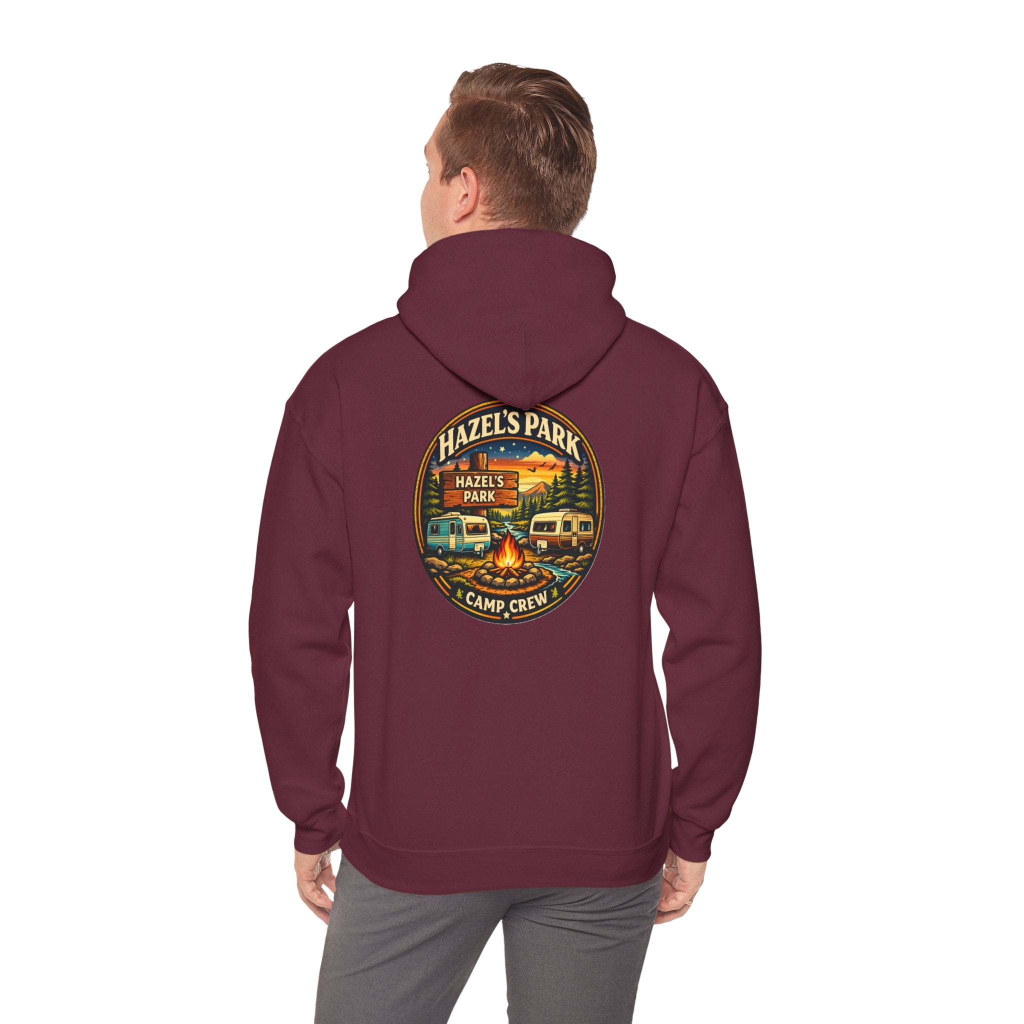 Hazels Park Camp Crew Hoodie — Retro Camping Patch Sweatshirt