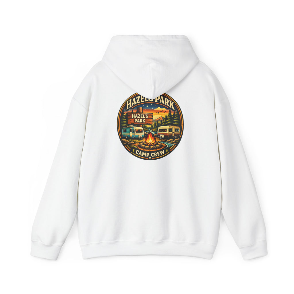 Hazels Park Camp Crew Hoodie — Retro Camping Patch Sweatshirt