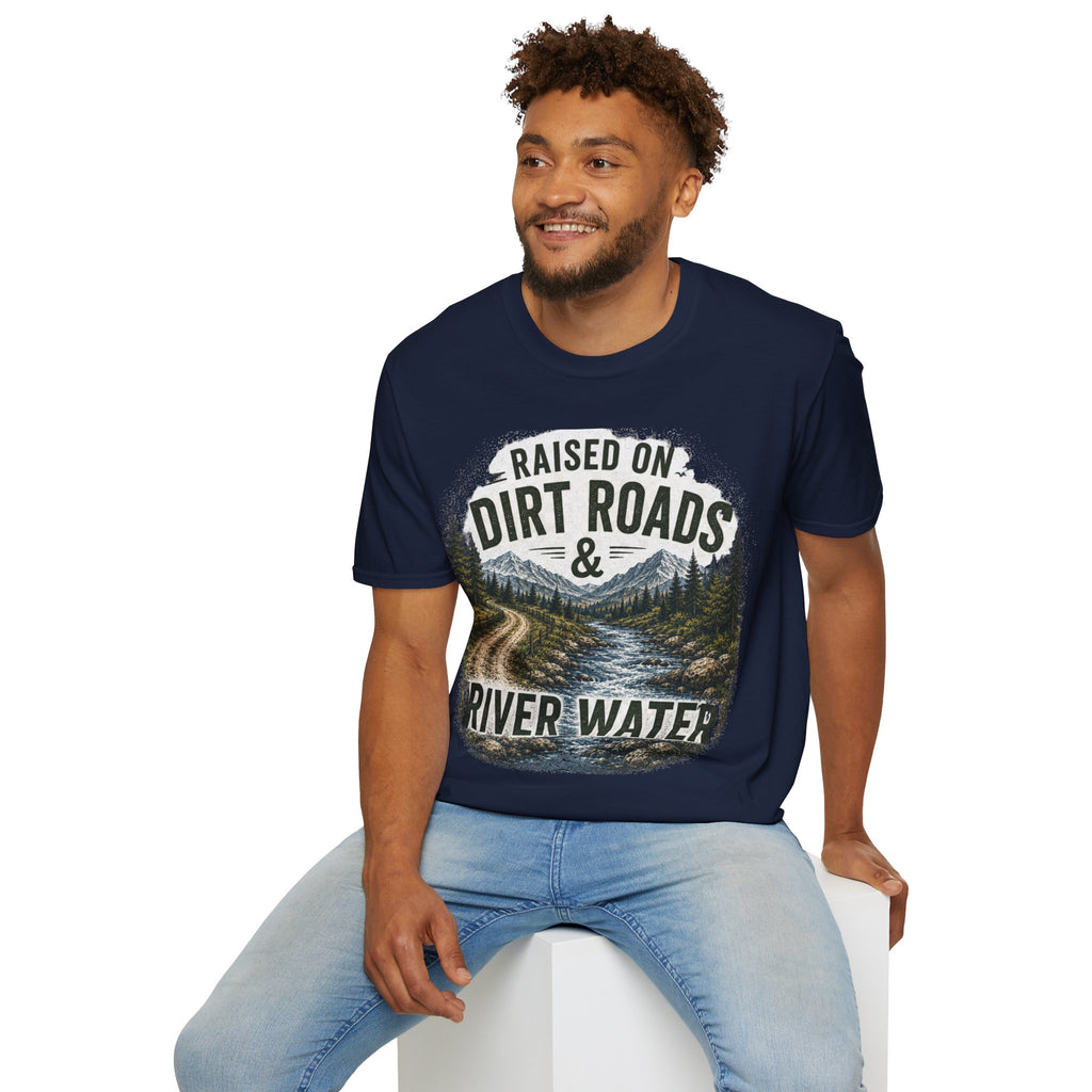 Adult Raised on Dirt Roads & River Water T-Shirt — Vintage Mountain Outdoors Tee