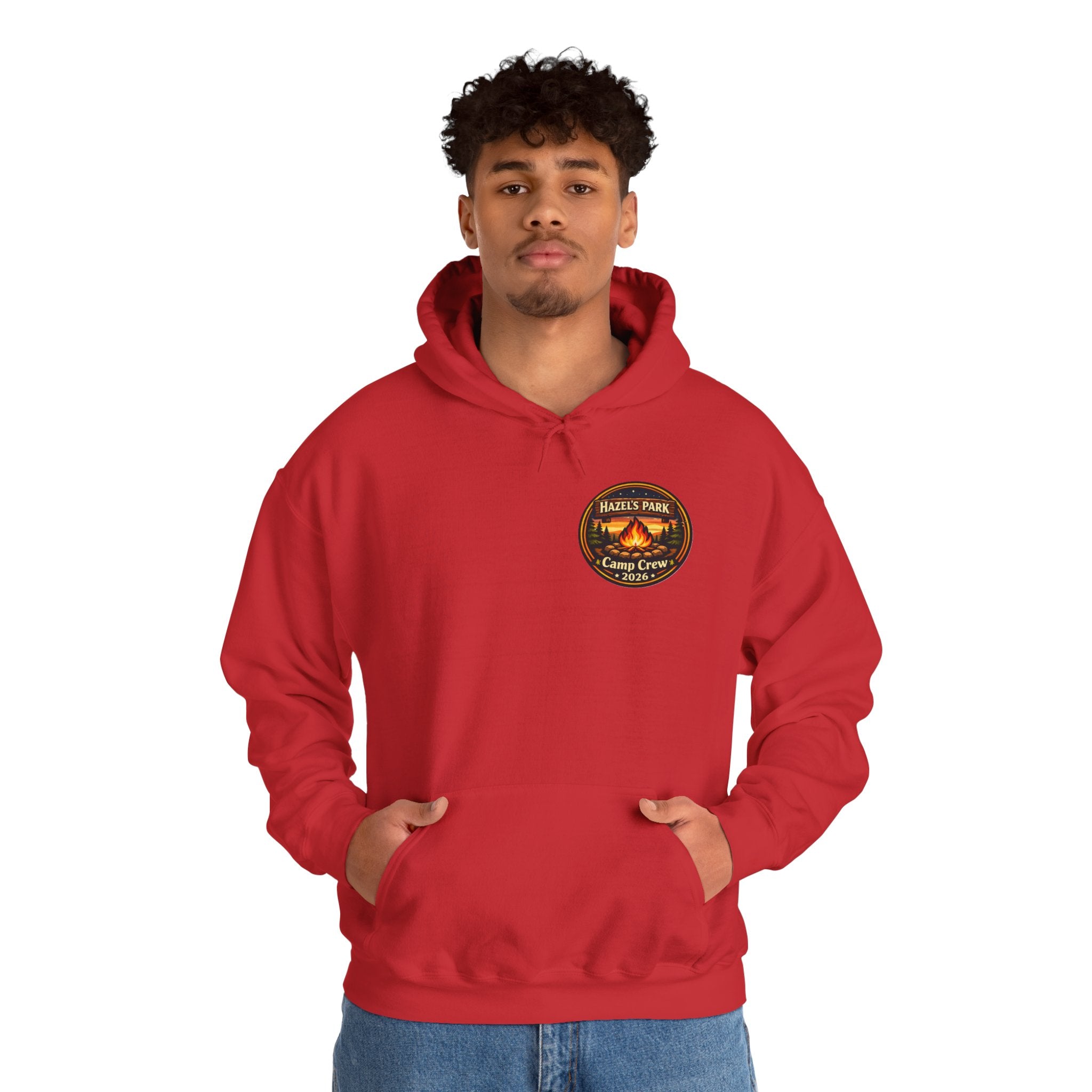 Hazels Park Camp Crew Hoodie — Retro Camping Patch Sweatshirt