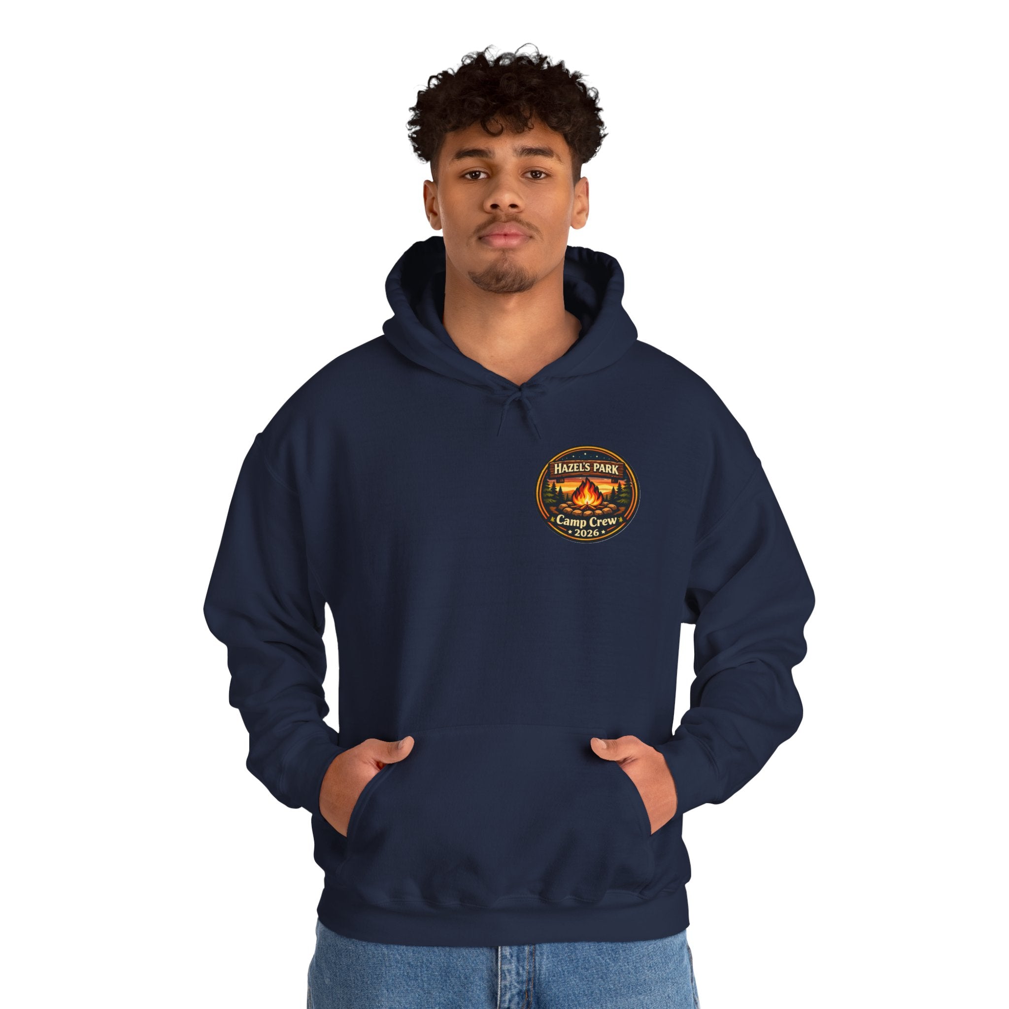 Hazels Park Camp Crew Hoodie — Retro Camping Patch Sweatshirt