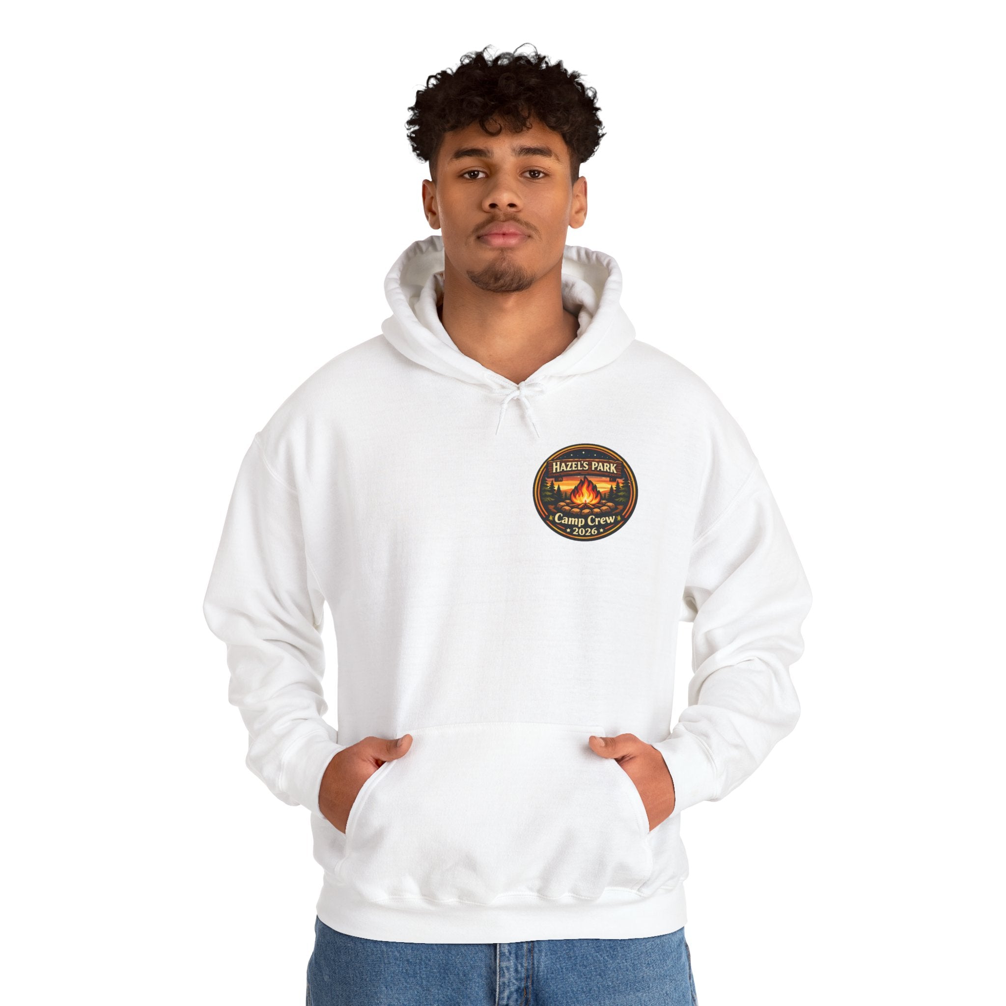 Hazels Park Camp Crew Hoodie — Retro Camping Patch Sweatshirt