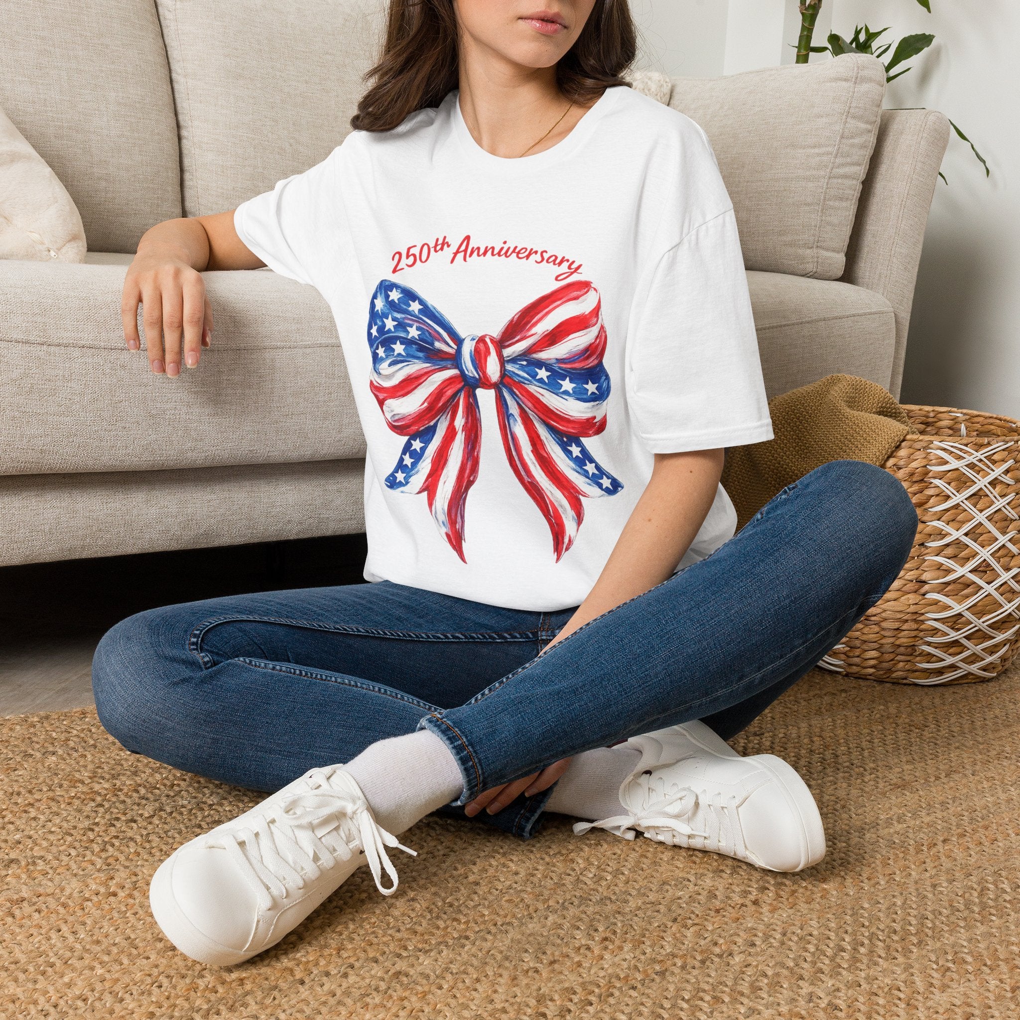250th Anniversary American Flag Bow T‑Shirt – Patriotic USA Flag Bow Tee – Red White Blue Graphic Shirt
