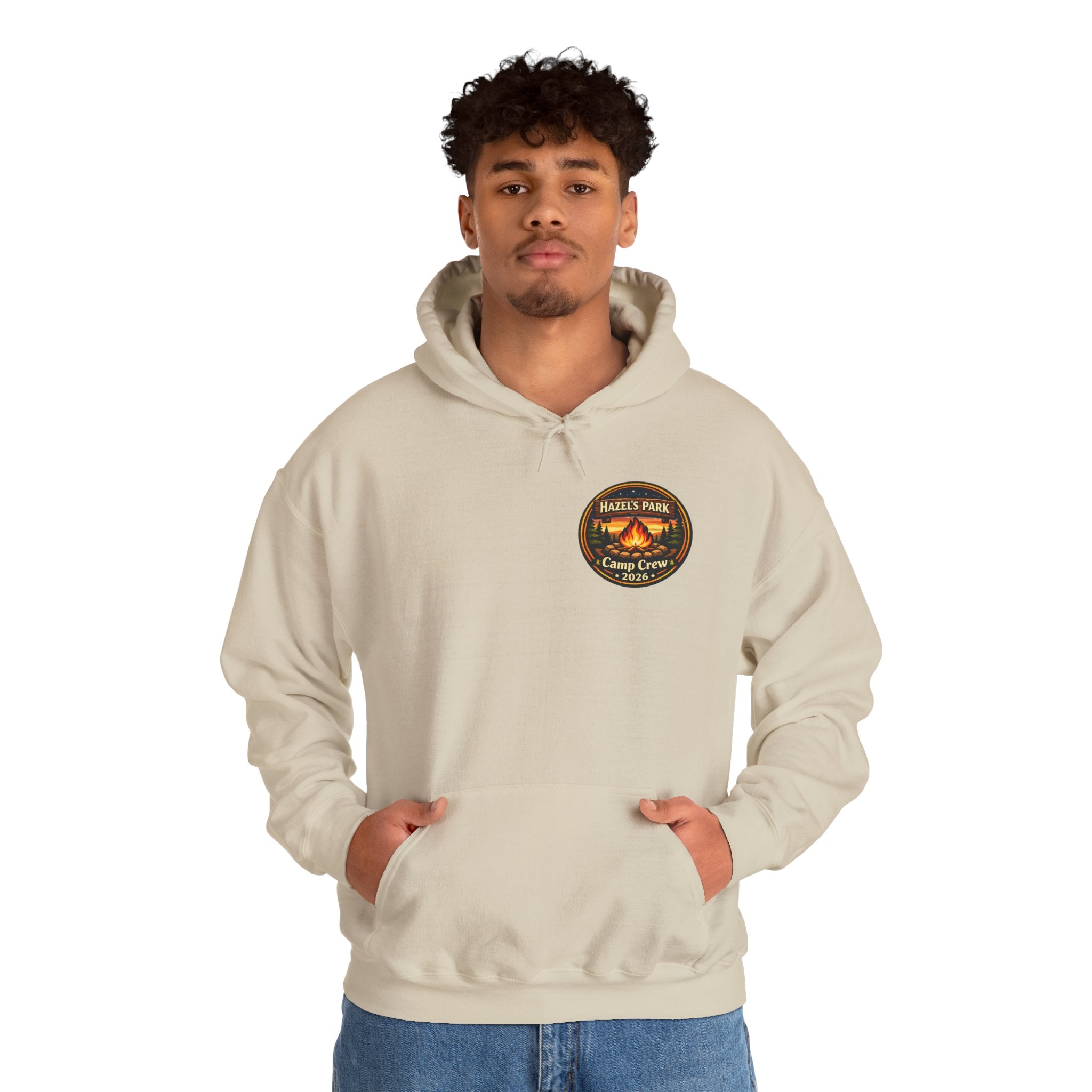 Hazels Park Camp Crew Hoodie — Retro Camping Patch Sweatshirt