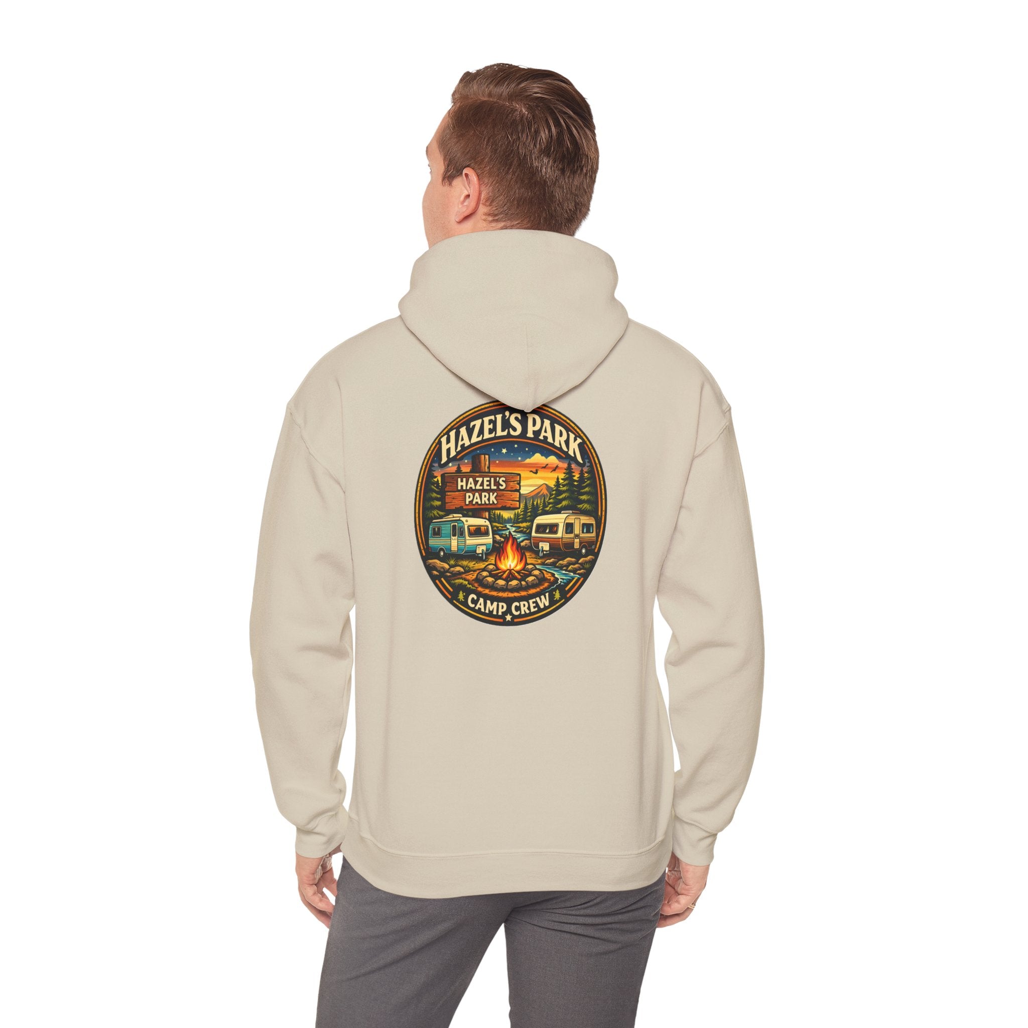 Hazels Park Camp Crew Hoodie — Retro Camping Patch Sweatshirt