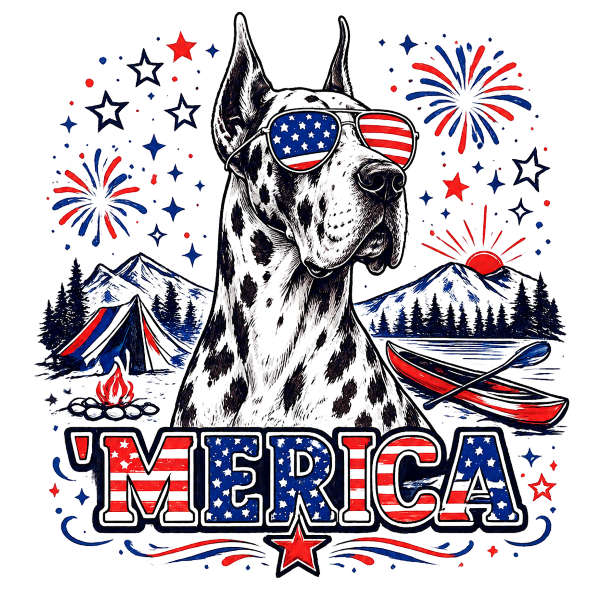 Patriotic Great Dane T-Shirt — USA Sunglasses & Fireworks